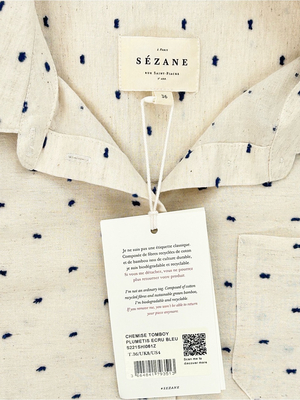 Sézane Tomboy Shirt Ecru Navy Plumetis Cotton Linen NWT 36/US 4 - Picture 2 of 11